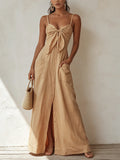 Beige Linen-Blend Bow-Front Button-Down Maxi Dress