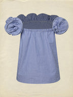 Linen Blouse, Sleeveless, Off The Shoulder, Striped, 3D Floral, French Vintage, Blue