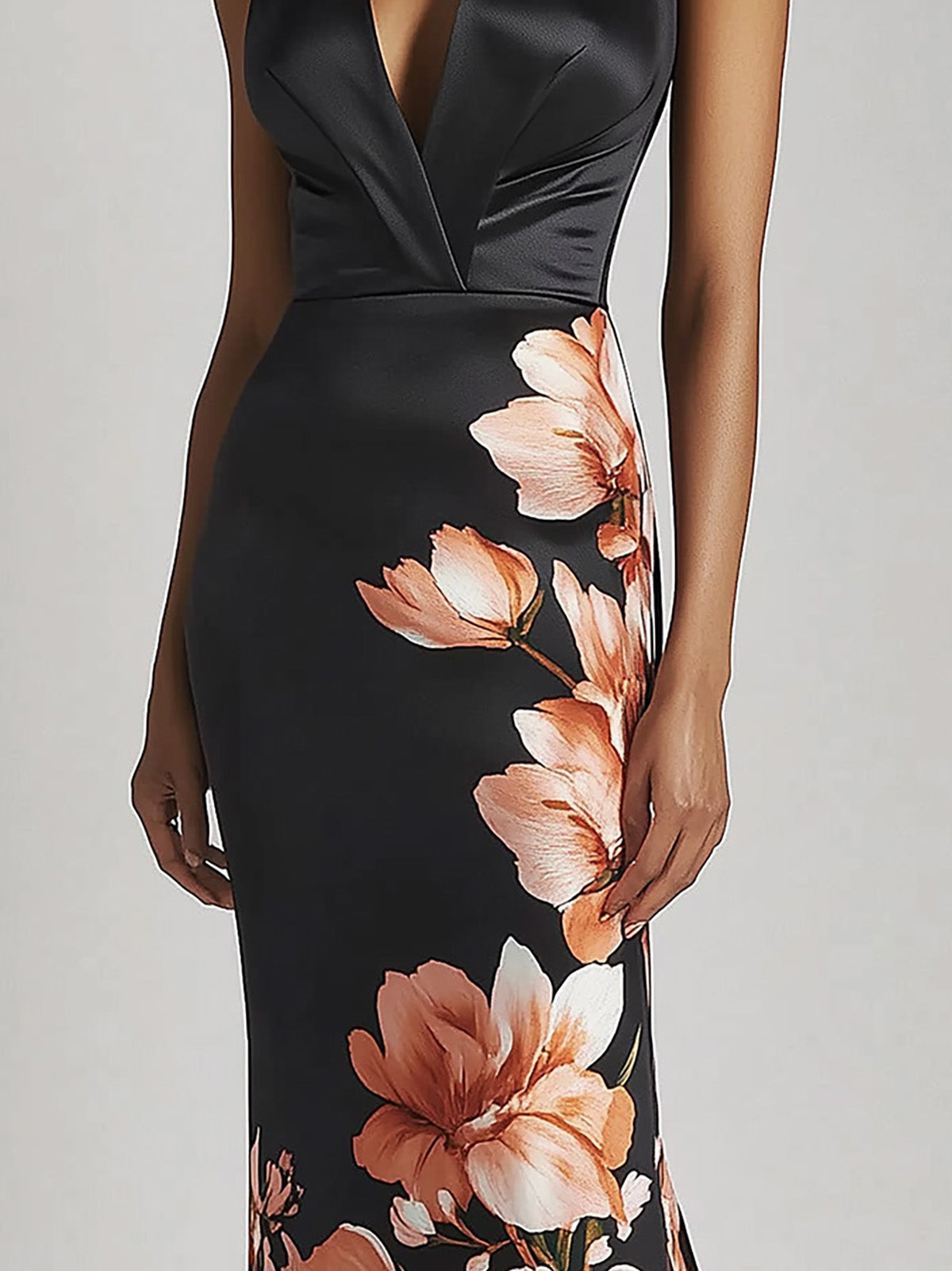 Chic Black Satin Halter Neck Dress with Single-Sided Floral