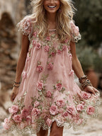 Women's Vintage Roses Lace Art  Flowy Linen Blend Casual Short Sleeve Mini Dress