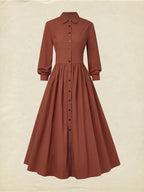 Maxi Cotton Dress, Long Sleeves, Shawl Collar, Plain, Button Design, Vintage, Brick Red