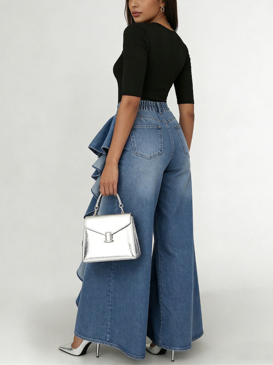 Stylish Cozy Asymmetrical Ruffles Wide-leg Denim Jeans
