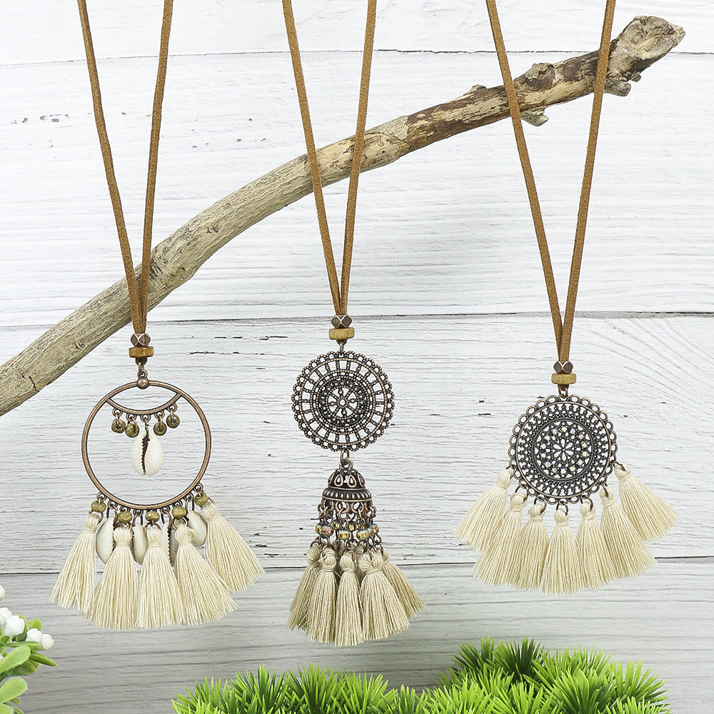 3pcs Boho Ethnic Long Sundry Colors Tassel Pendant Necklaces For Women Retro Rhinestone Drip Oil Alloy Necklace