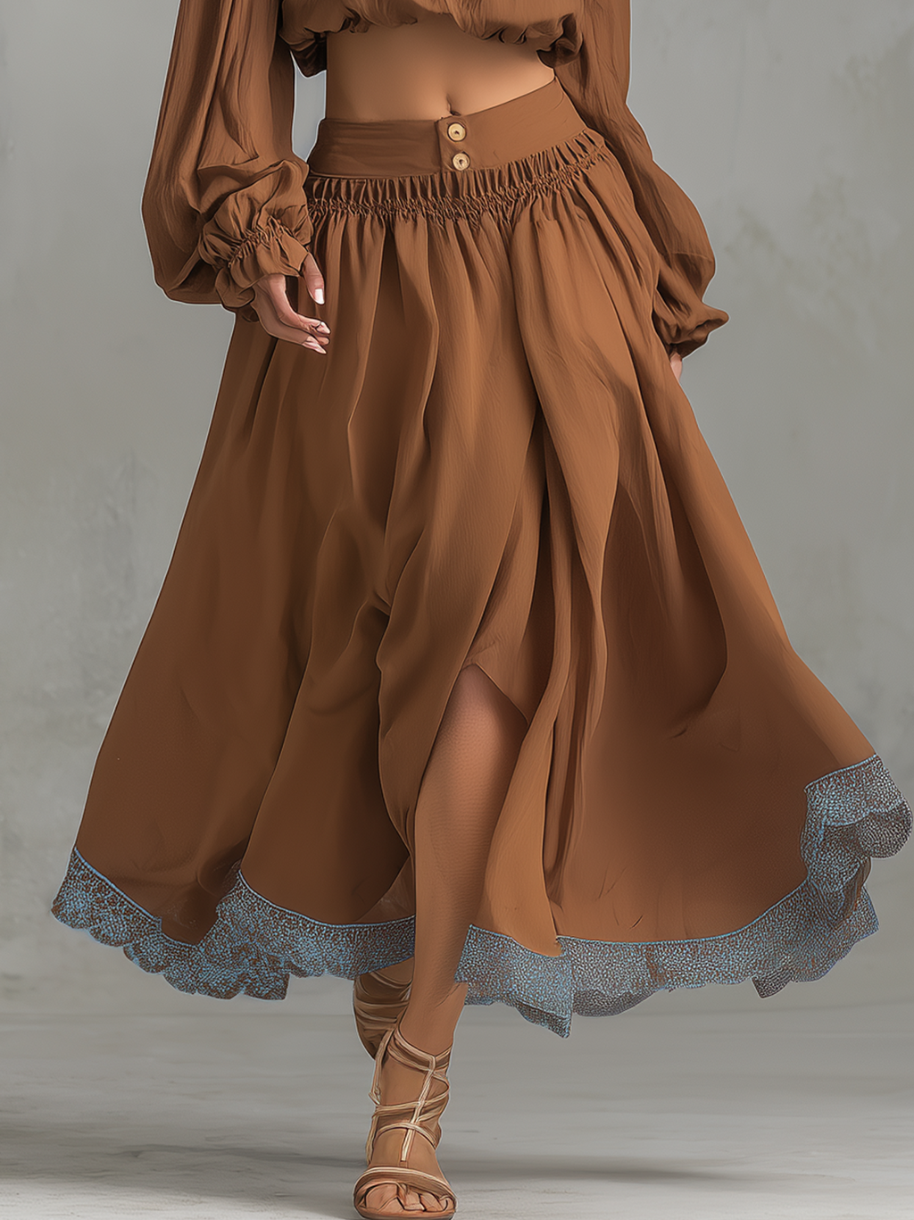 Brown Off Shoulder Two-Piece Set With Lace Trim And Front Slit