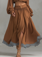 Brown Off Shoulder Two-Piece Set With Lace Trim And Front Slit