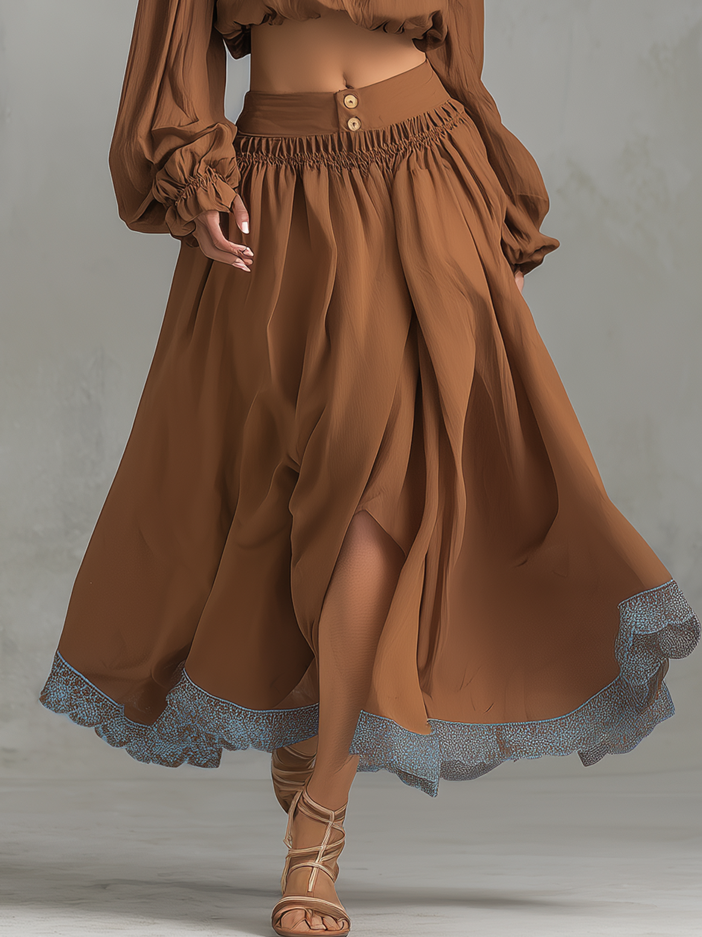 Brown Off Shoulder Two-Piece Set With Lace Trim And Front Slit