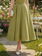 Midi Linen Dress, Sleeveless, Boat Neck, Plain, Bow, French Vintage, Green