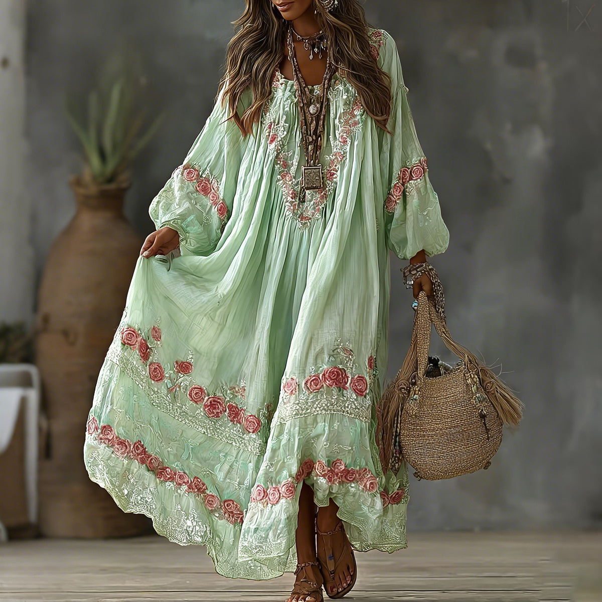 Women's Vintage Floral Art Print Flowy Linen Blend Casual Long Sleeve Maxi Dress