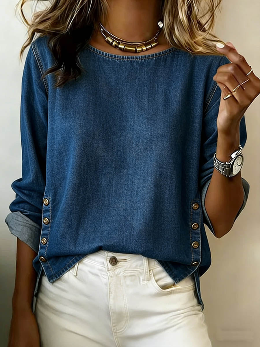 Women's Round Neck Long-sleeved Casual Loose Denim Top