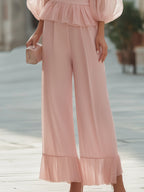 Sheer Sleeve Peplum Top And Wide-Leg Pants Set