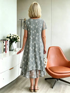 Grey & Orange Floral Mesh Layered Midi Dress, Round Neck 3/4 Sleeve Loose Tummy Concealing Plus Size Dress for Mature Women