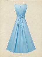 Maxi Cotton Dress , Sleeveless, Round Neck, Plain, Ruffles, French Vintage, Blue