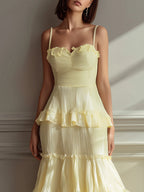 Lemon Yellow Ruffled Tiered Chiffon Cami Maxi Dress