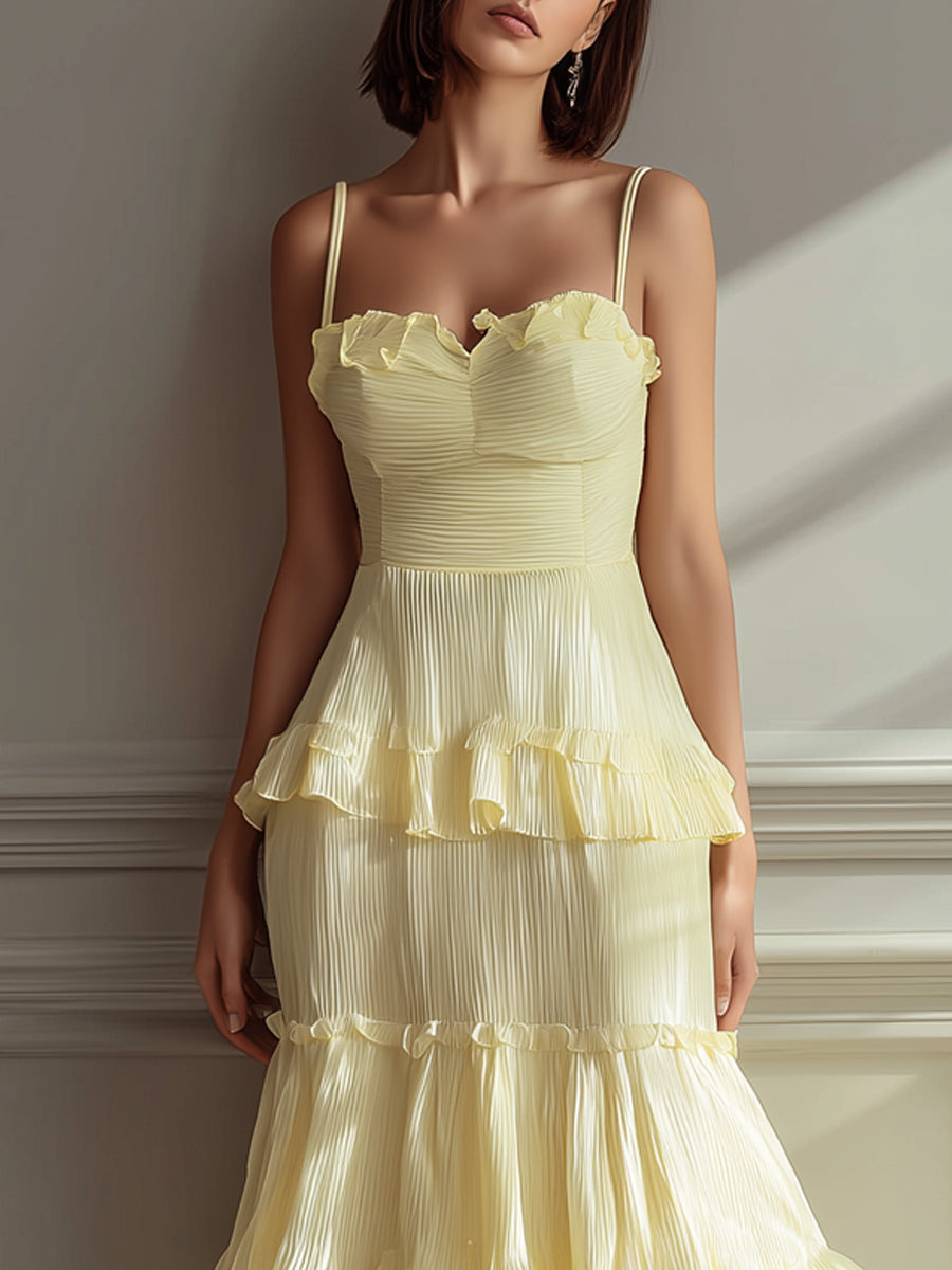 Lemon Yellow Ruffled Tiered Chiffon Cami Maxi Dress