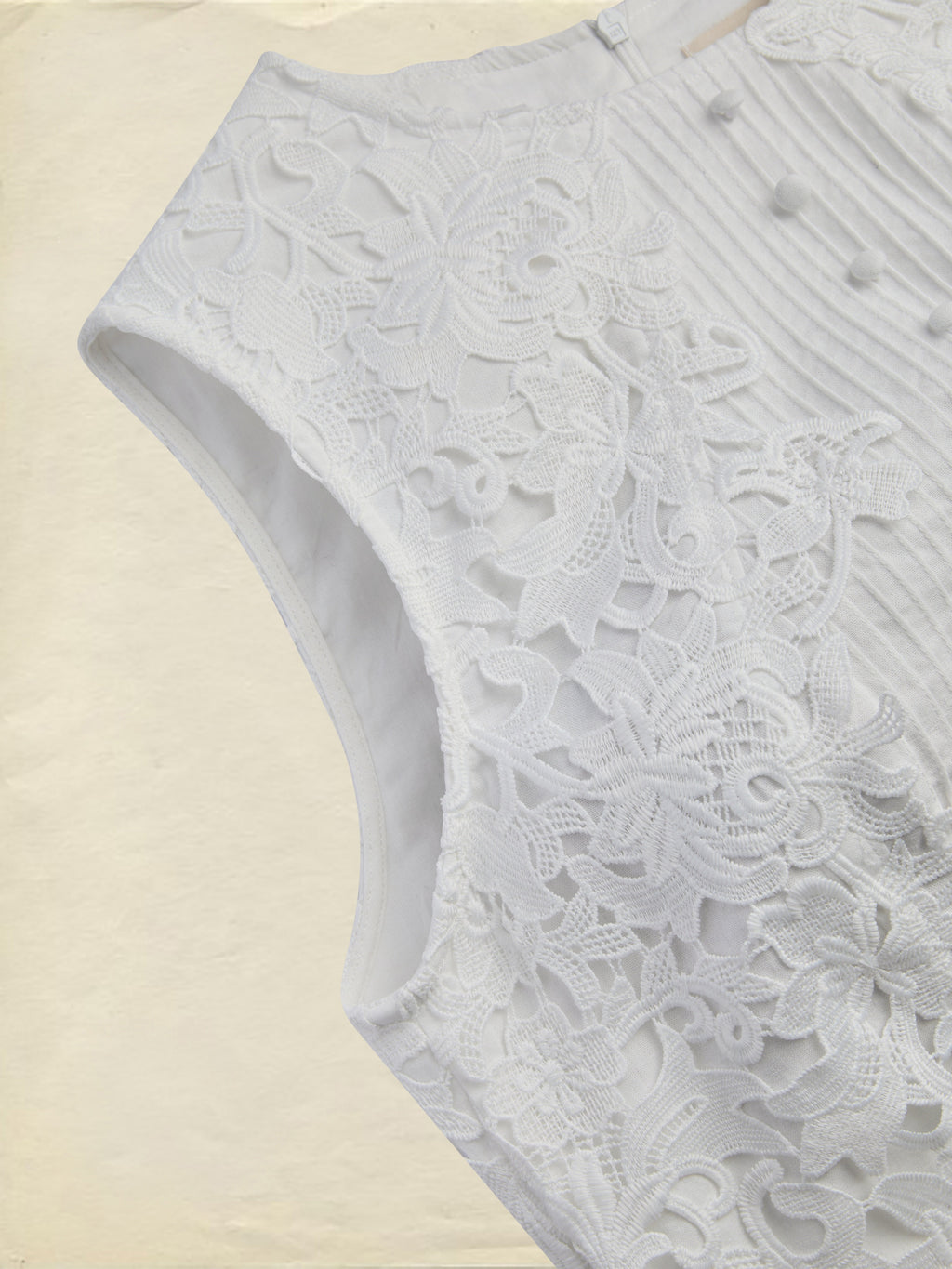 Midi Cotton Dress, Sleeveless, Round Neck, Plain, Lace, Vintage, White