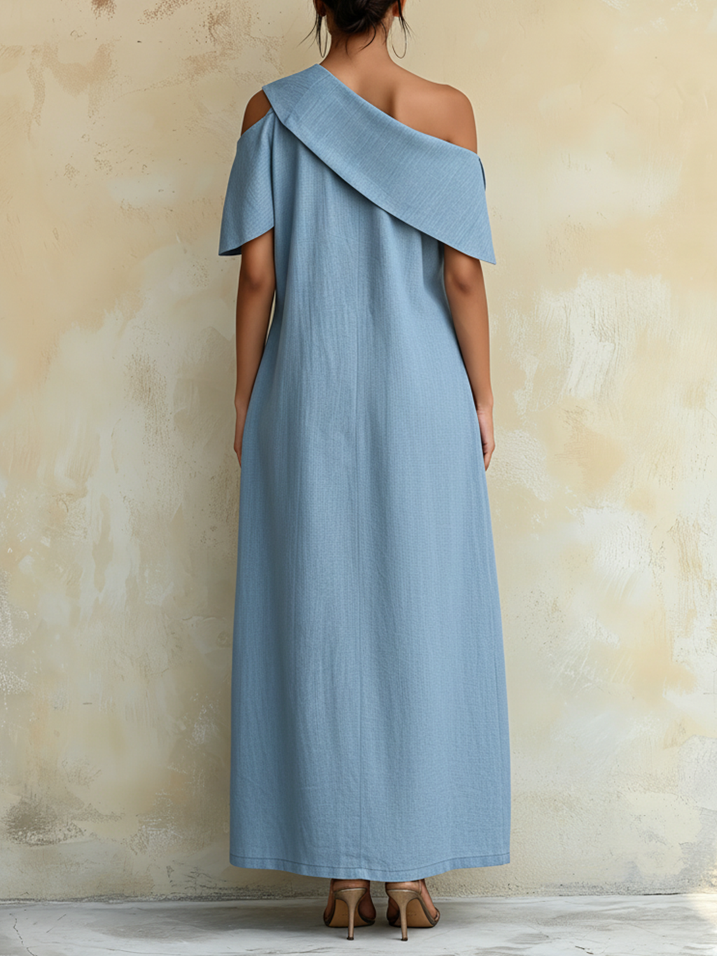 Light Blue Tencel Denim Asymmetrical One Shoulder Maxi Dress
