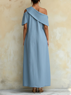 Light Blue Tencel Denim Asymmetrical One Shoulder Maxi Dress