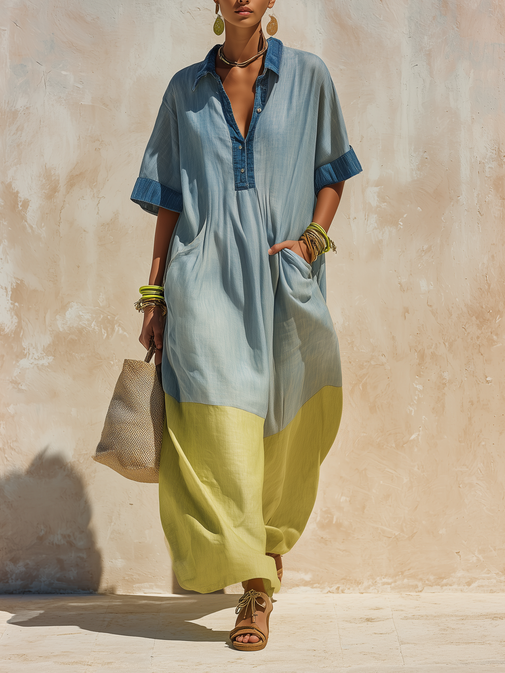 Oversized Denim Linen Maxi Dress - Breathable Two-Tone Casual Cover-Up