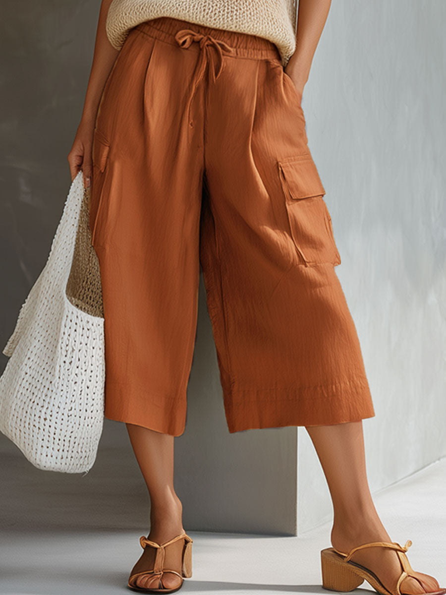 Casual Retro Mesh Knit Vest Caramel Cotton Linen Workwear Shorts Set