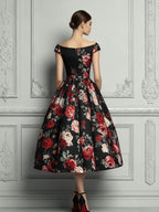 Black Base Red Rose Floral Print A-line Midi Dress