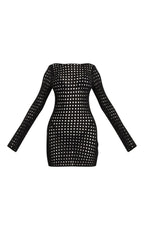 Black Crochet Long Sleeve Mini Beach Dress