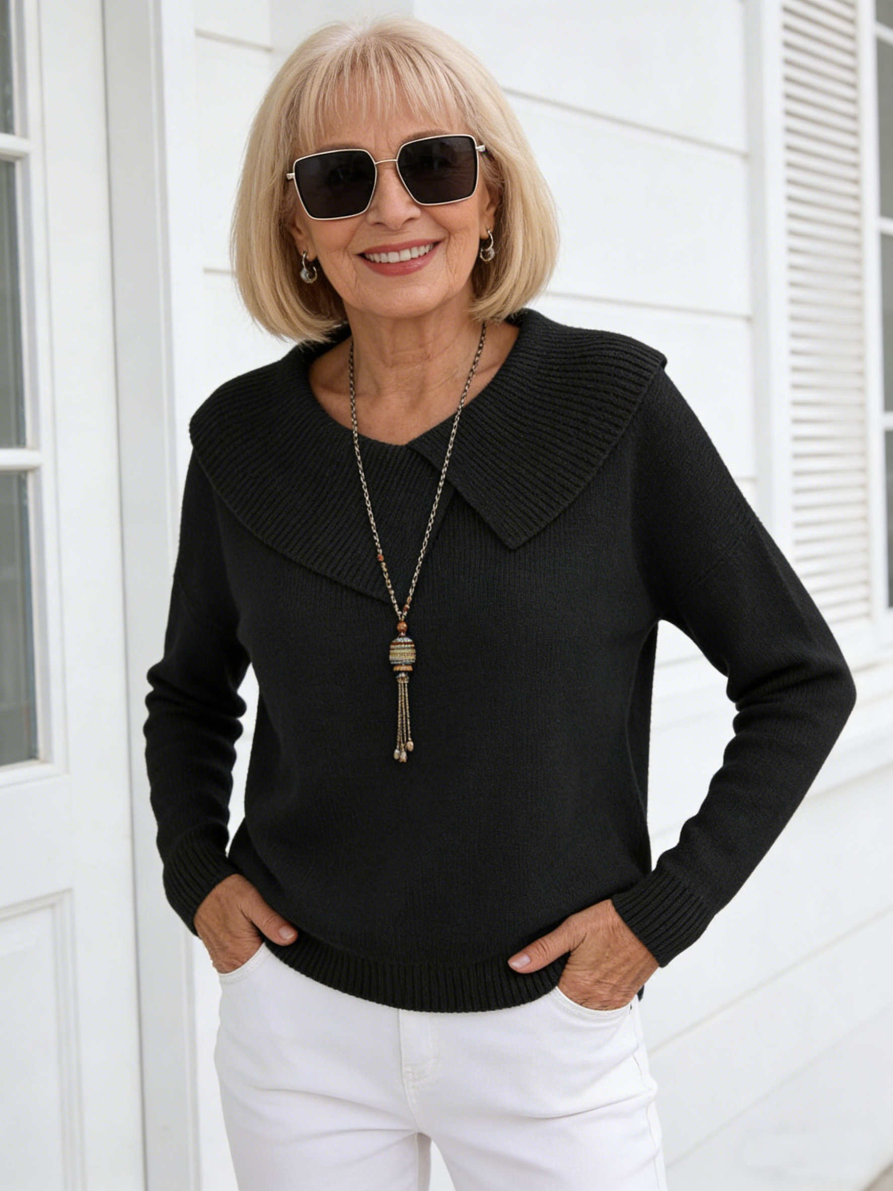Fashion Temperament Slimming Lapel Sweater Versatile Knitting Lazy Temperament