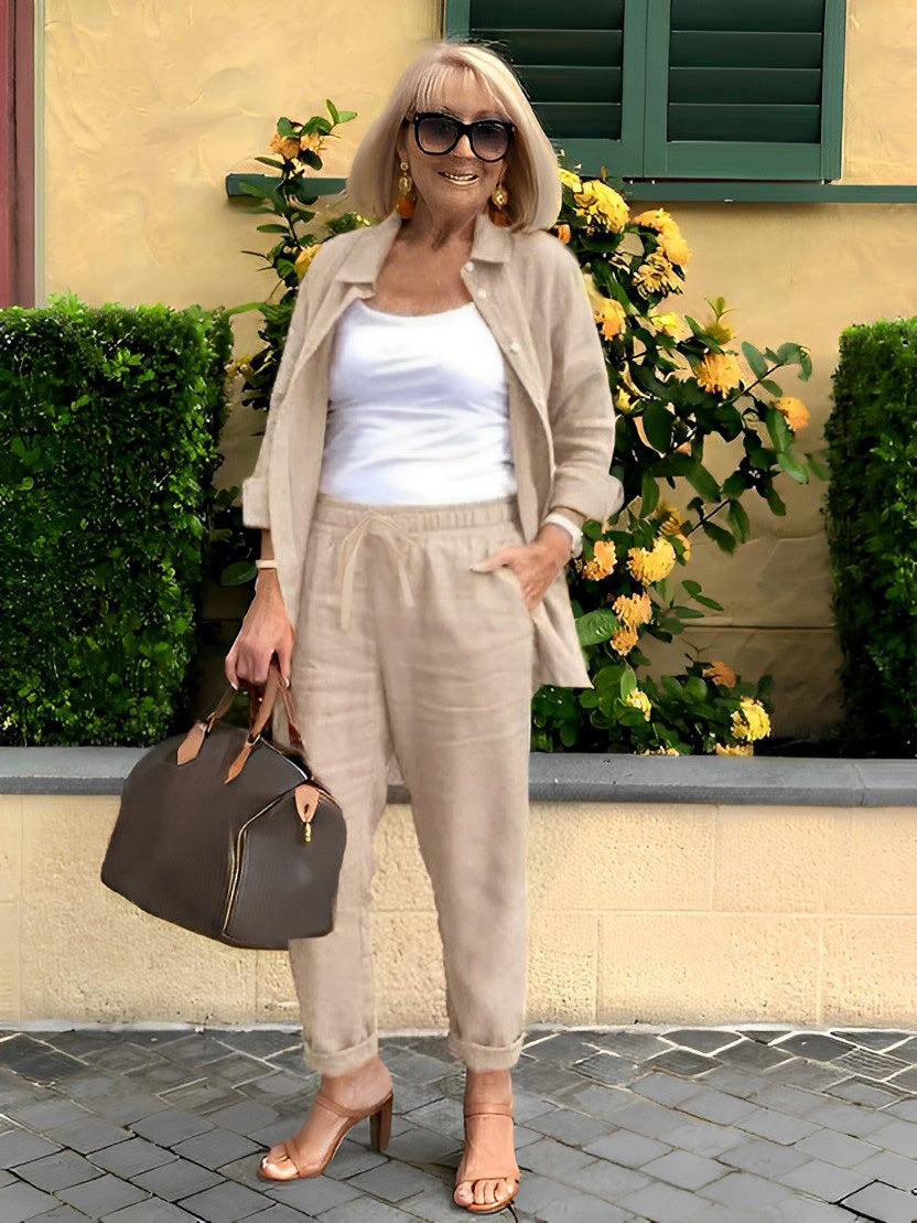 PINK LINEN SUITS Minimalist Two-piece Shirt Pants Set