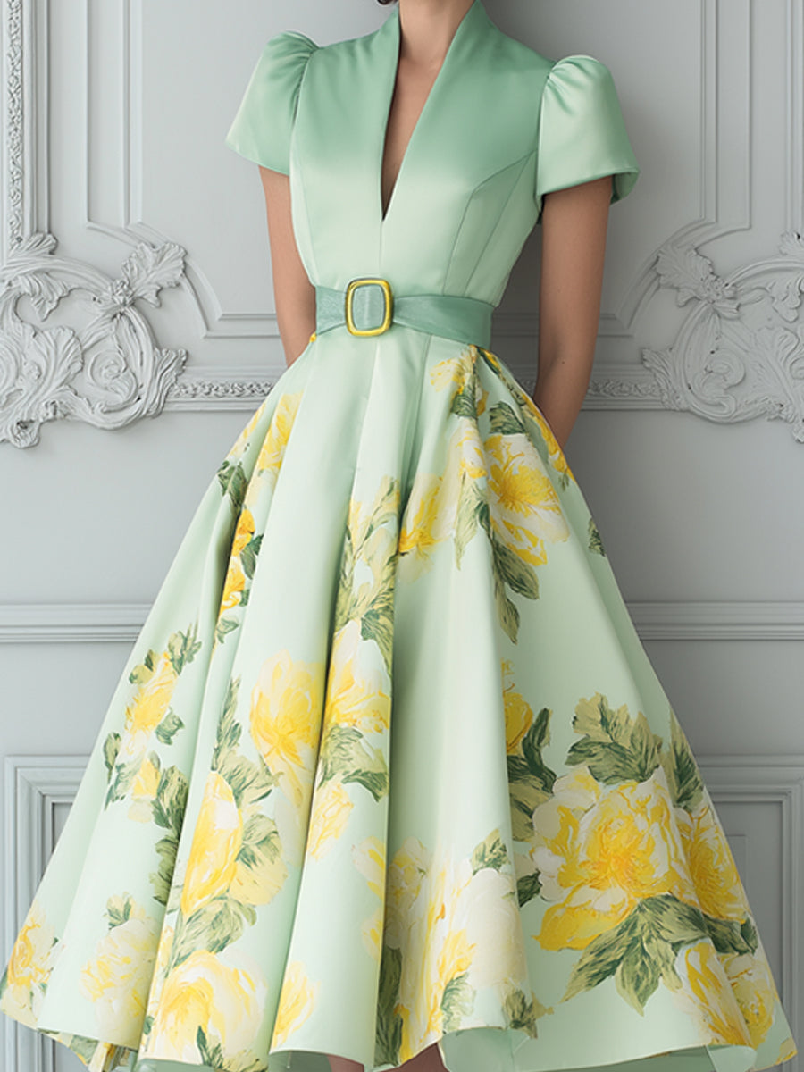 Green Floral Midi A-Line Dress With Belt And Puff Sleeves