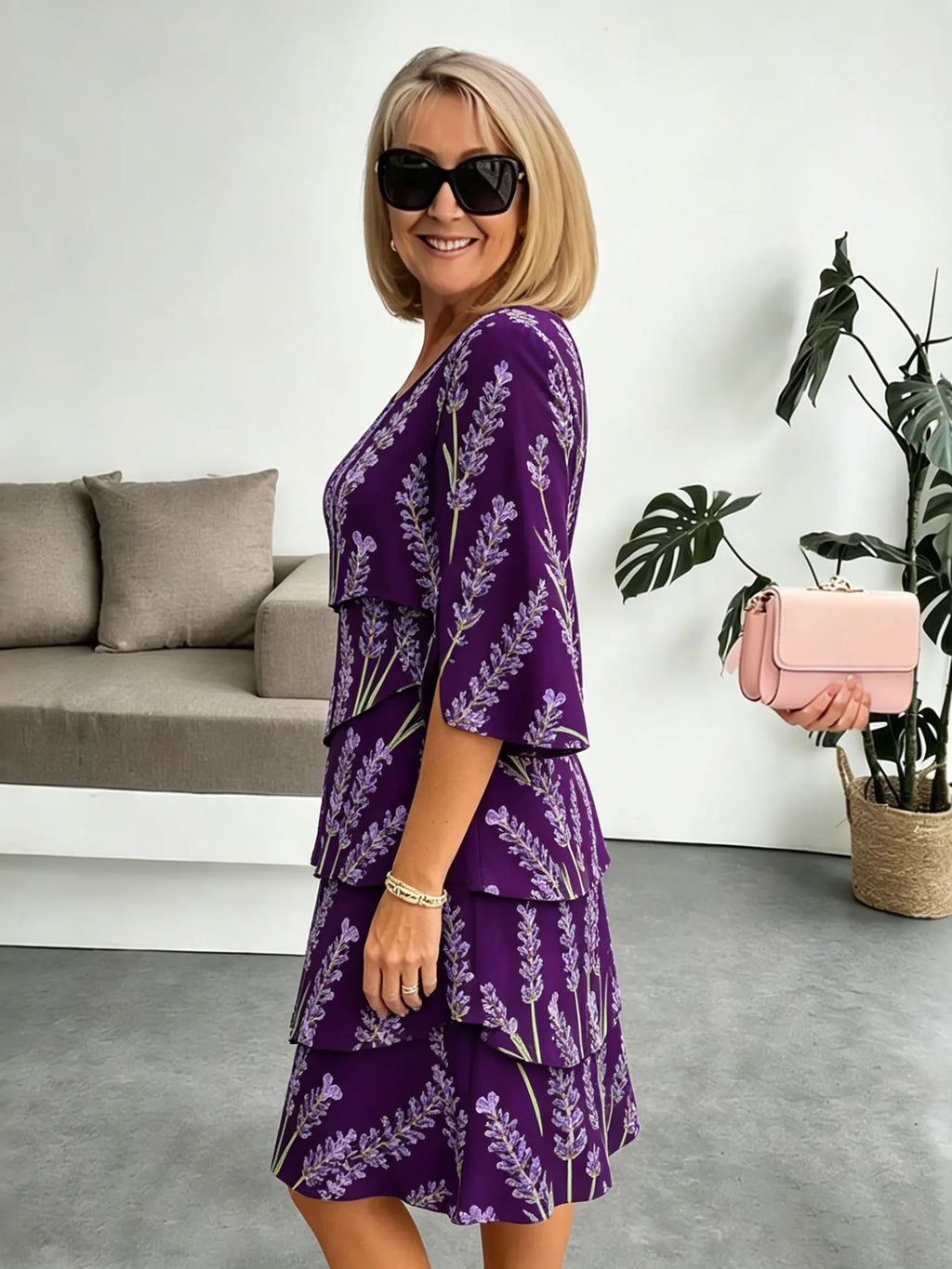 Lavender Chiffon Vacation Prints Color Round Neck Cake Skirt Splicing Dress Mid-length
