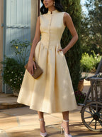 Midi Linen Dress, Sleeveless, Stand Collar, Plain, Button Design, French Vintage, Beige