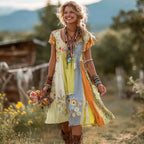 Women's Floral Color Block Round Neck Short Sleeve Dress