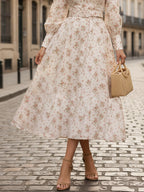 Midi Linen Dress, Long Sleeves, Stand Collar, Floral, Button Design, Vacation, Vintage, Pink