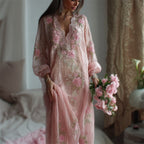 Boho Pink Roses Embroidered Glitter Lace Oversize Linen Maxi Dress