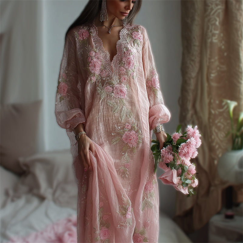 Boho Pink Roses Embroidered Glitter Lace Oversize Linen Maxi Dress