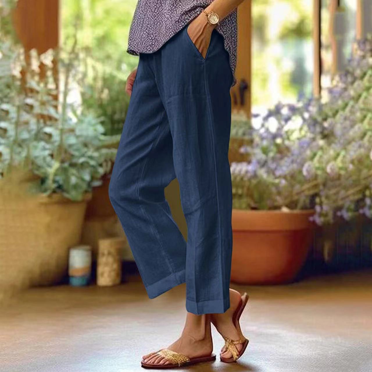 Cotton and Linen Loose Solid Color Elastic Waist Pocket Straight Casual Pants