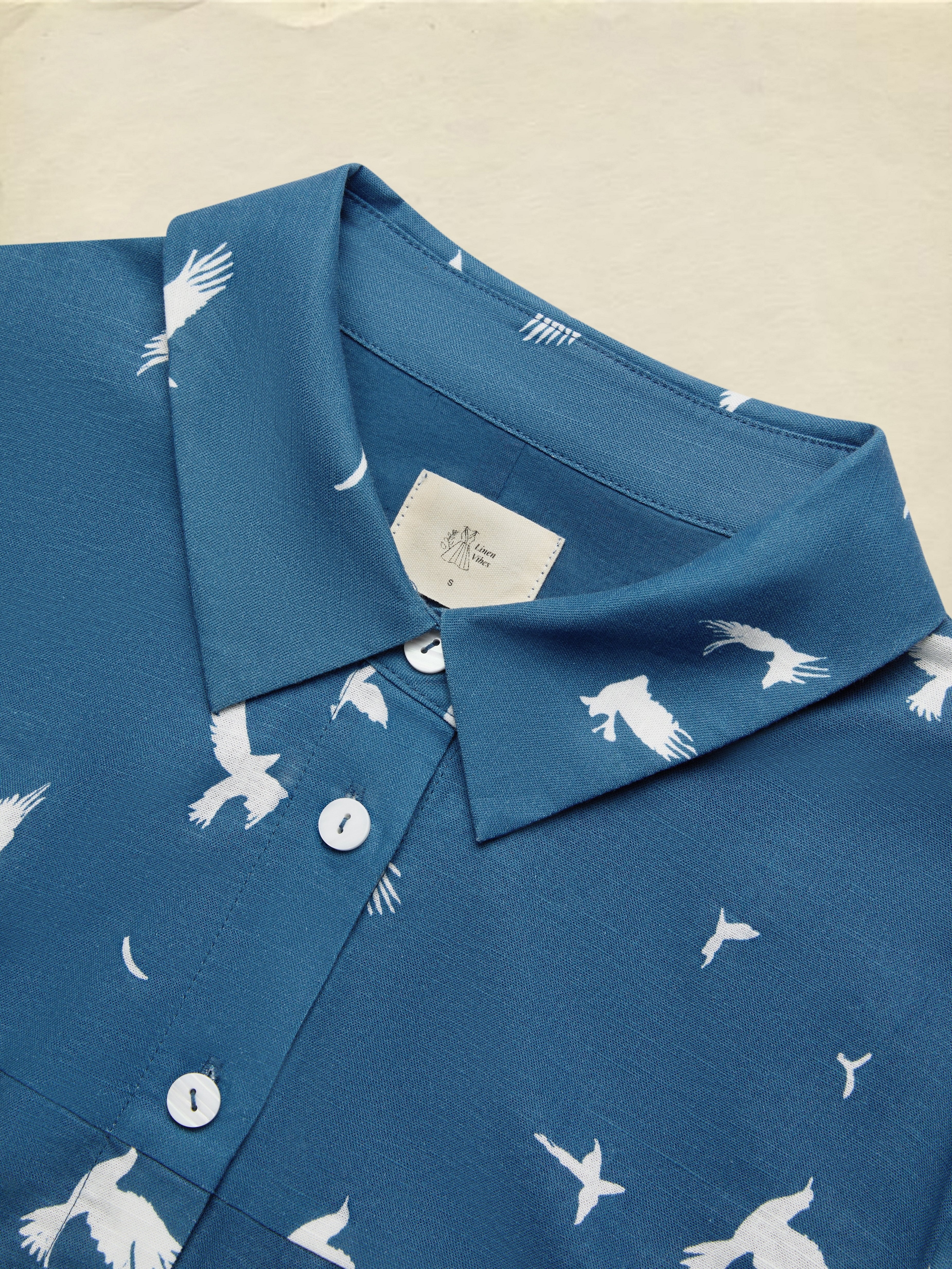 Maxi Linen Dress, Long Sleeves, Shawl Collar, Bird, Button Design, Vintage, Blue