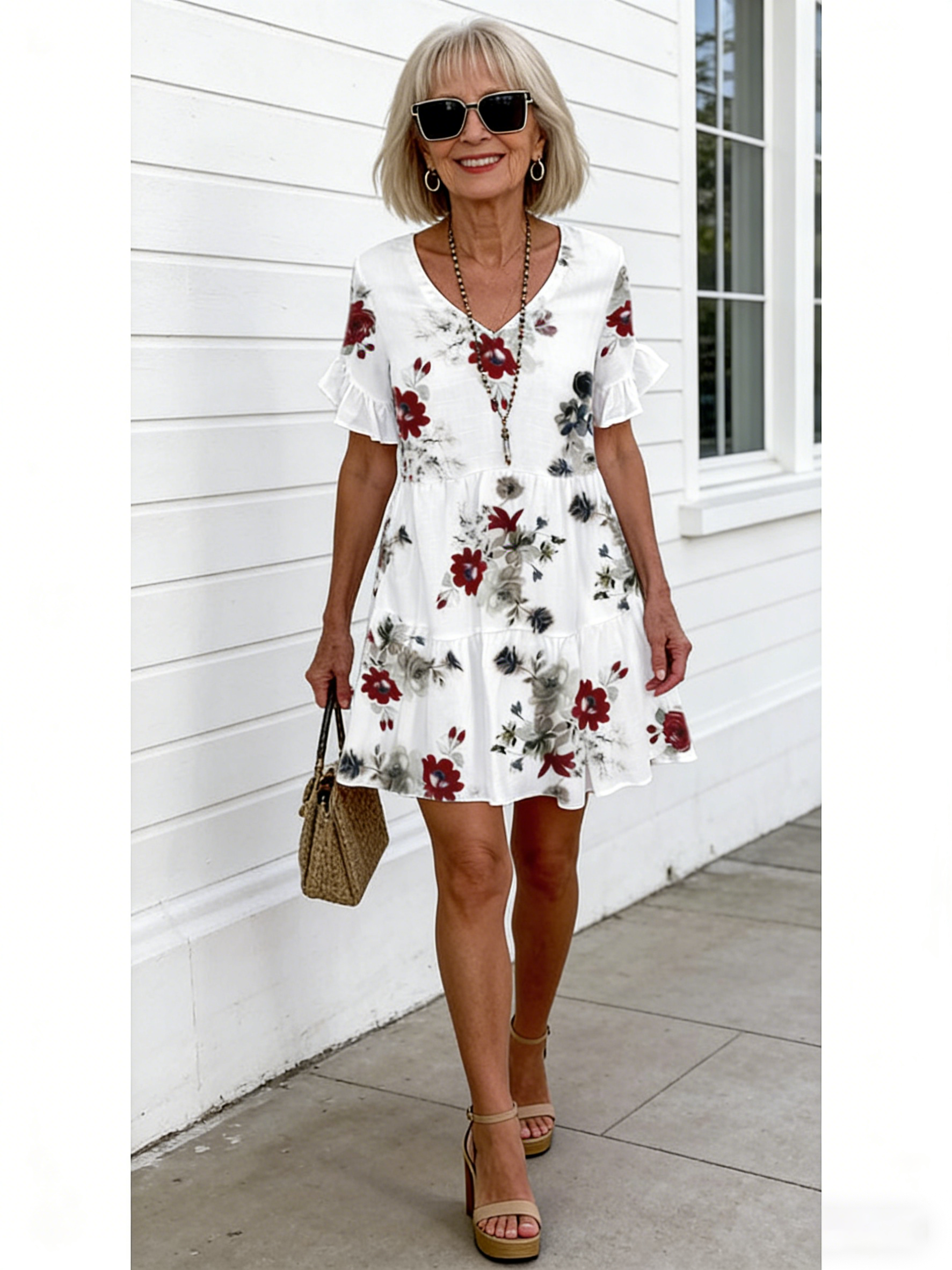 Fashion Short Printed Lotus Leaf Edge Pocket Dress Women