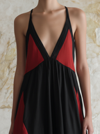 Black & Red Colorblock Halter Neck Backless Maxi Dress