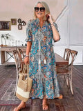 Vacation DRESS Paisley Bohemian Long Length Vintage Print Tassel Tie Neck Tunic Dress - Elegant Vacation Style with Drawstring, Ruffle Hem, and Random Printing