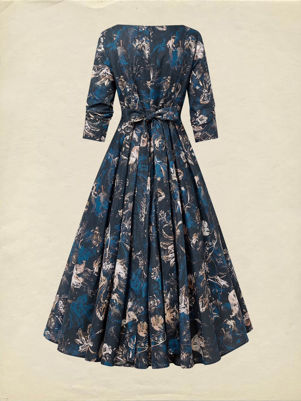 Midi Linen Dress, Long Sleeves, V Neck, Floral, Button Design, Vintage, Deep Blue