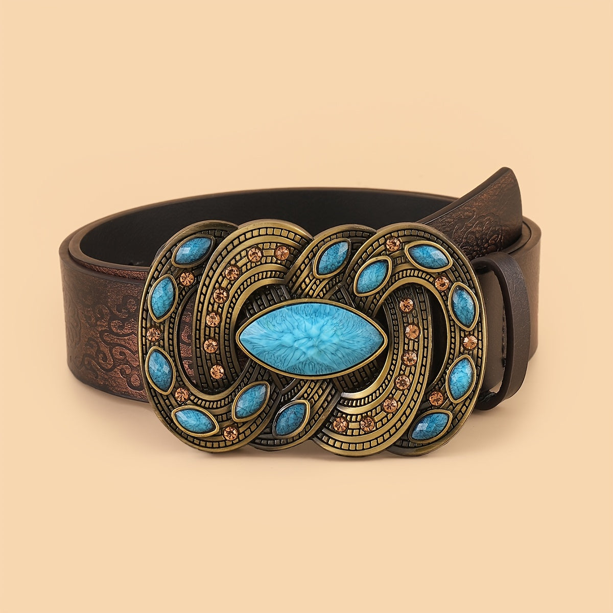 Vintage Print Belt Imitation Turquoise Belt Vintage Waist Belt Western Style Cowboy PU Leather Belt For Jeans Pants Dress Waist Belt