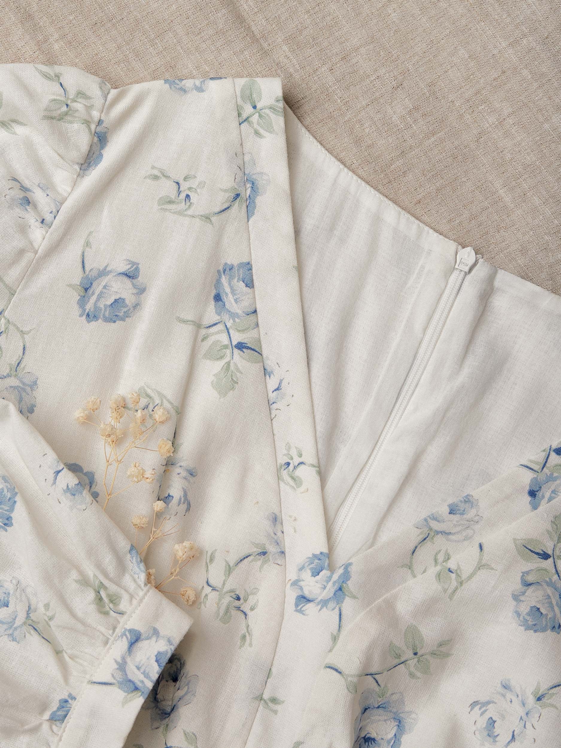 Maxi Linen Dress, 3/4 Sleeves, V Neck, Linen Blend, Blue