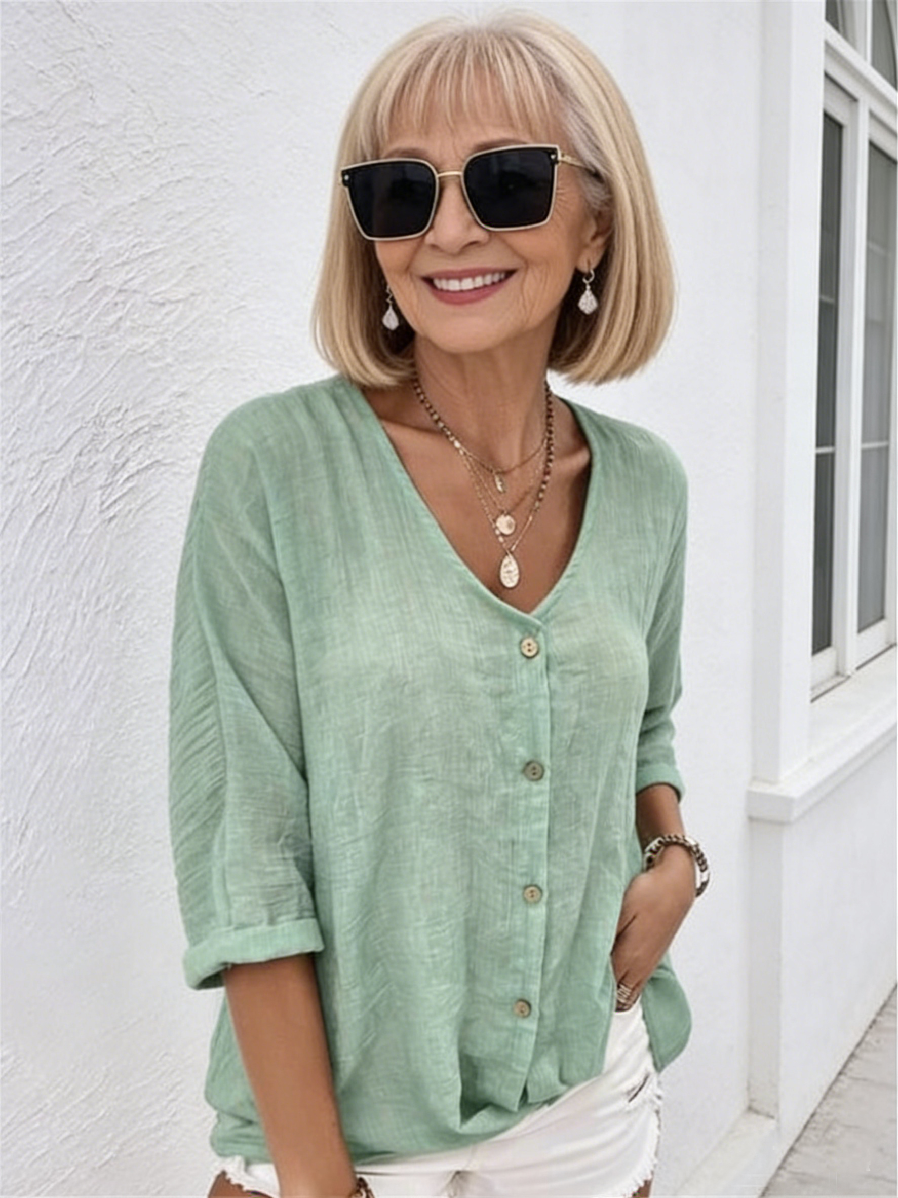 Cotton and Linen V-neck Button-up Chiffon Cardigan Long Sleeves