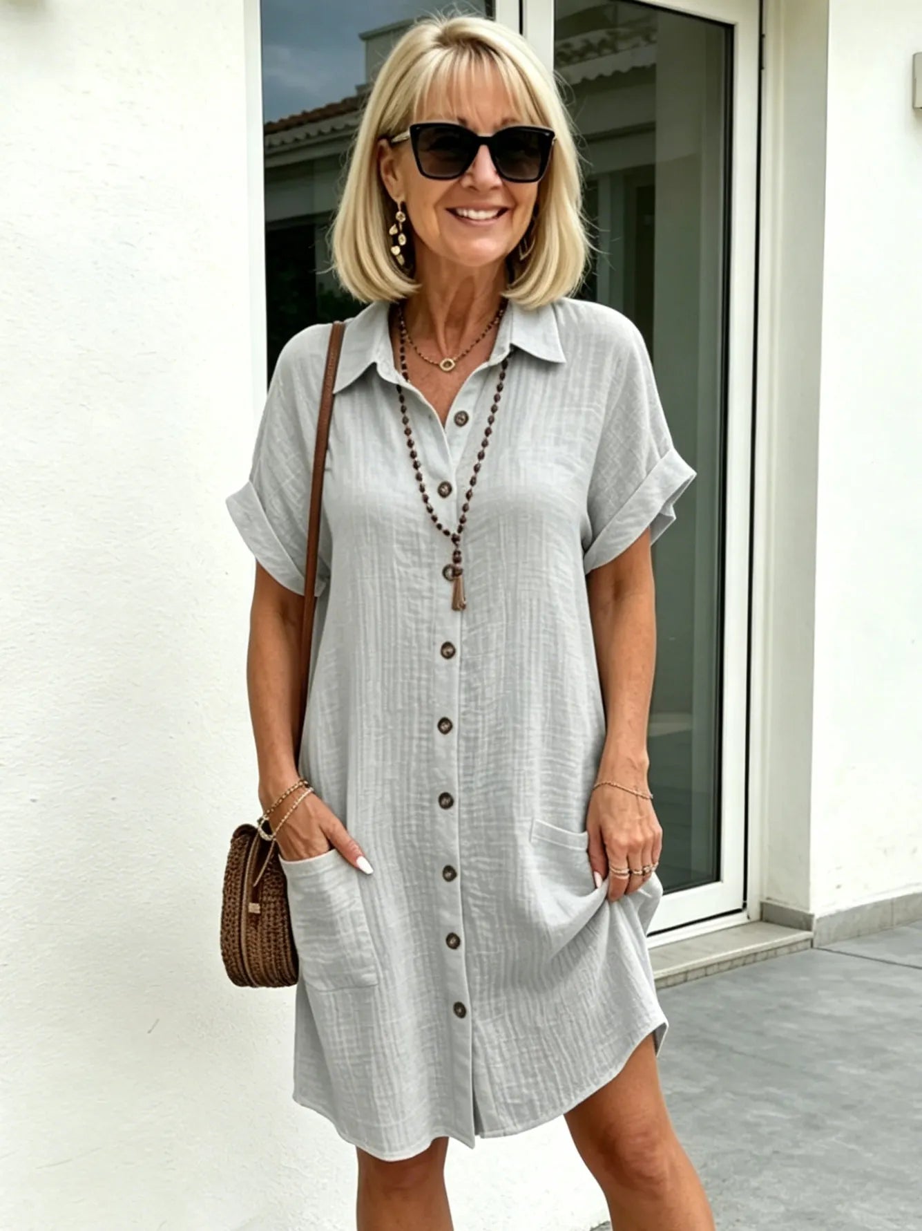 Solid Color Shirt Dress Simple, Made of Breathable, Featuring a Lapel Collar and Orderly Button Arrangement That Adds a Vintage Charm