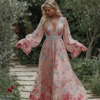 Vintage Floral Embroidered V Neck Casual Maxi Dress