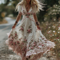 Vintage Floral Embroidery Art Women's Comfy Linen Maxi Dress