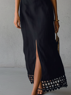 Black Off Shoulder Cotton Linen Midi Dress With Hollow Lace Trim