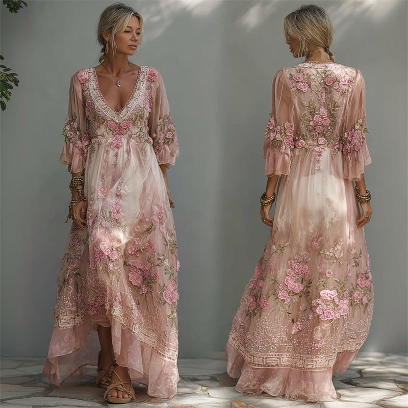 Classy Boho Pink Roses Lace Trim Flowy Maxi Dress