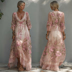 Classy Boho Pink Roses Lace Trim Flowy Maxi Dress