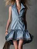Vintage Western Elegance Lapel Front Buttons And Ruffled Hem Light Blue Denim Mini Dress
